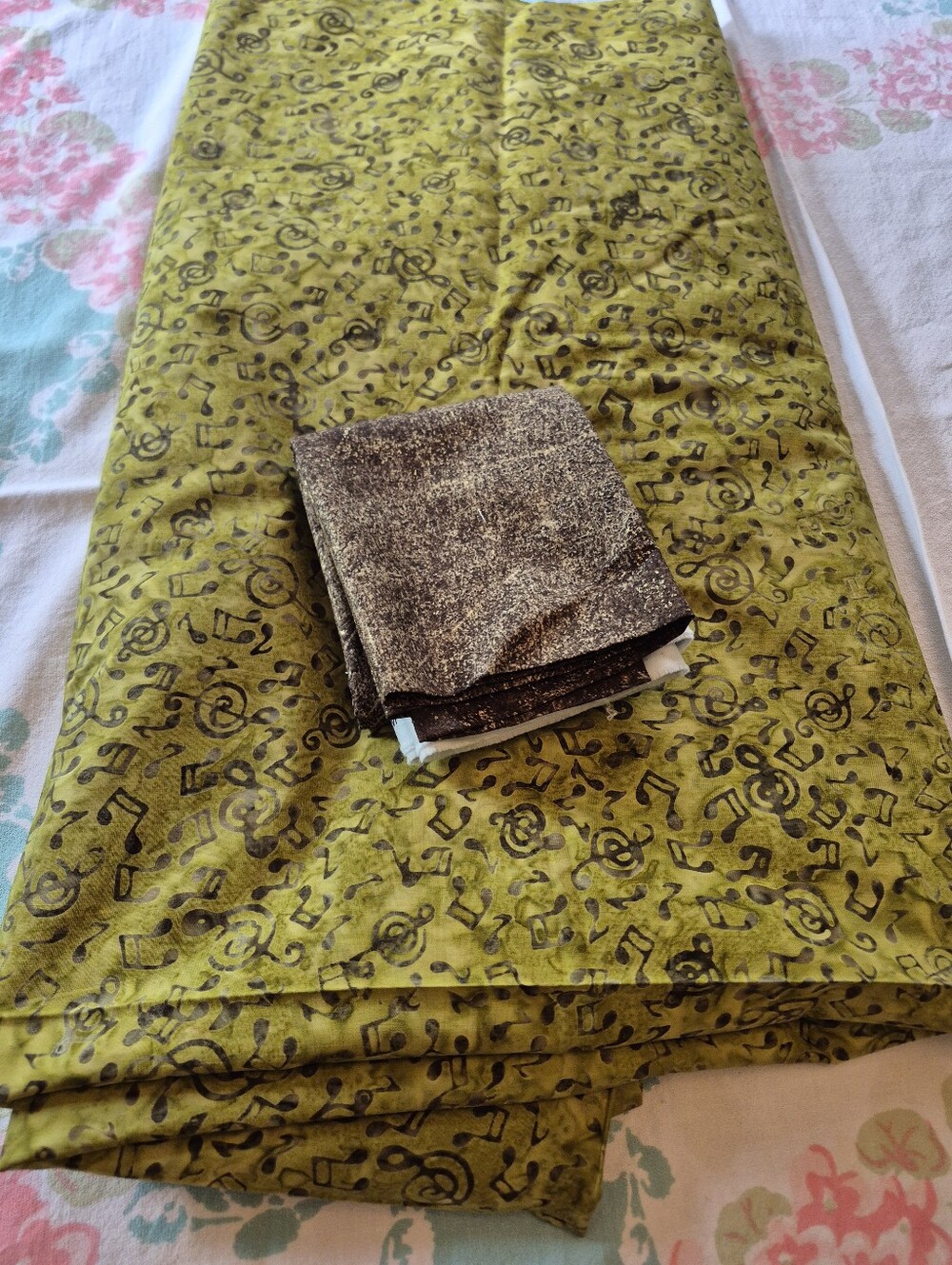 FABRIC!  LARGE cut Of Olive green with Black Musical Notes BATIK BOTH SIDES PLUS